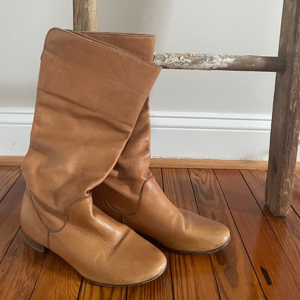 Tan Leather Slouchy Boots | Size EUR 38 US 7